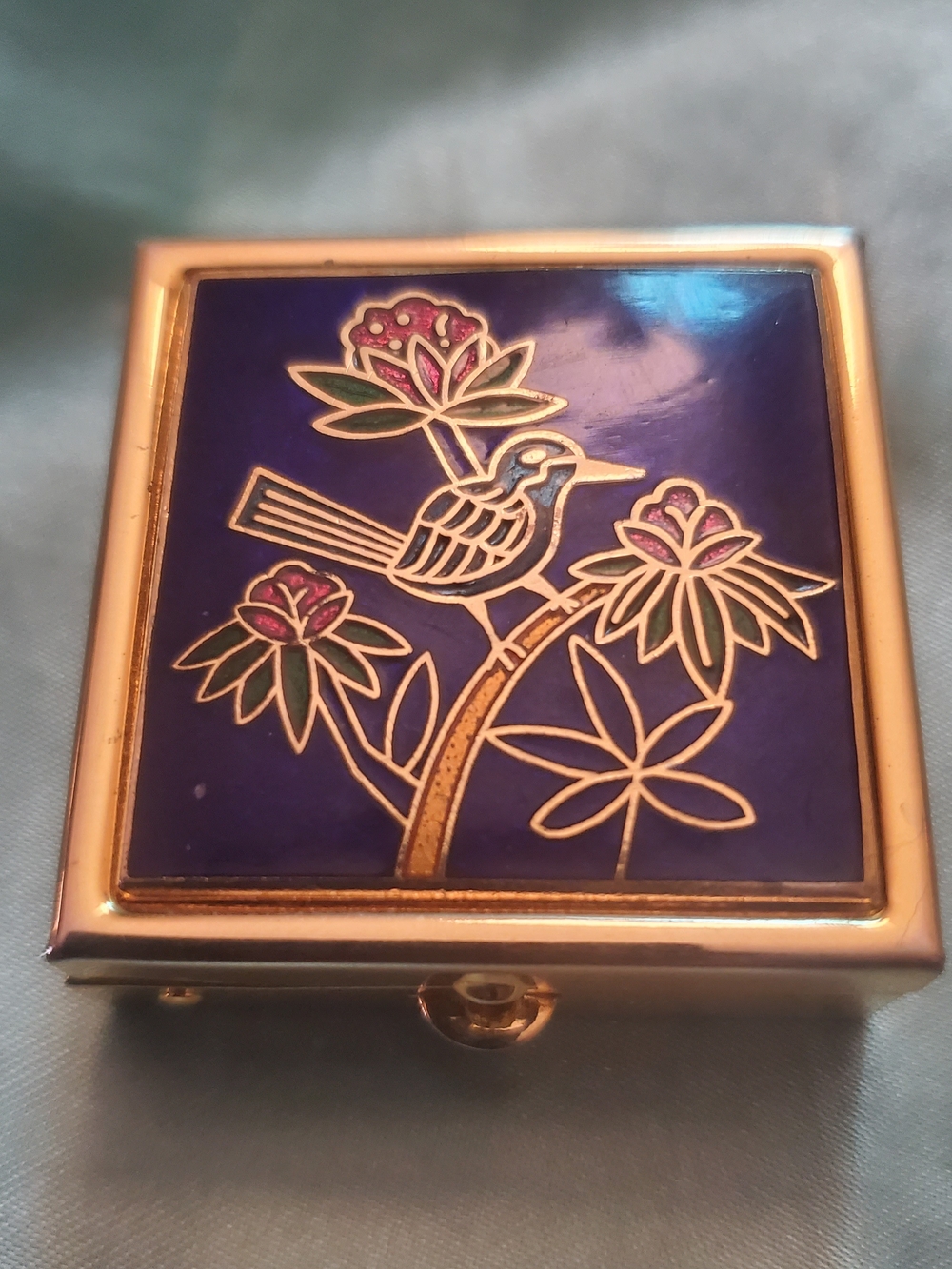 Blue Enamel Bird Pill/Trinket Case with Floral Design